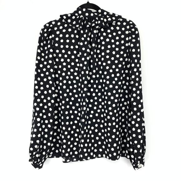 Kate Spade Cloud Dot Blouse Womens Size Small Ruffle Tie Neck Black White NEW - Picture 2 of 7